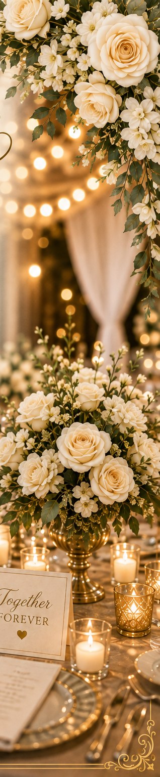 Reception table setting with cream roses, candlelight, and a 'Together Forever' place card